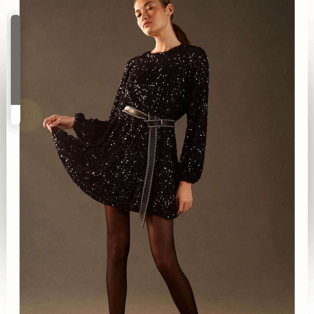 Anthropologie Sunday in Brooklyn Ballon Sleeve Black Sequin Mini Dress Large NWT